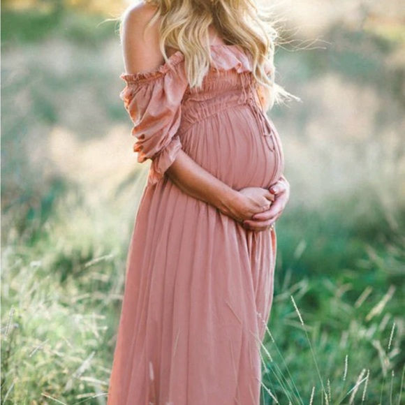 Momyknows Pink Boho Flowy Bump Friendly Off Shoulder Maternity Maxi Dress - Picture 2 of 4